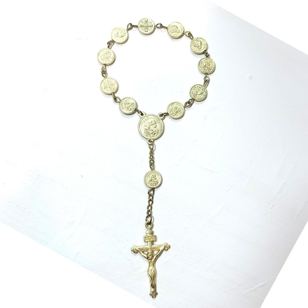 Gold Tone Saint Anthony Vintage Catholic Chaplet Rosary Keepsake Bracelet